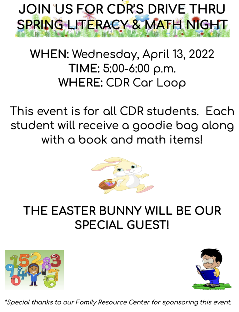 CDR - Spring Literacy & Math Night [Tomorrow] Wednesday, April 13th 