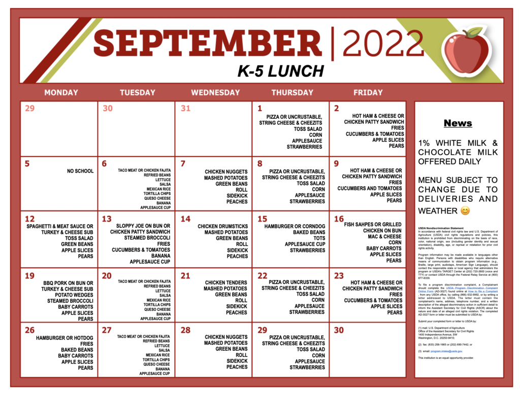 CDR Breakfast & Lunch Menus for September 