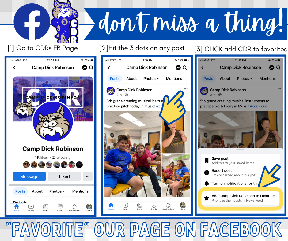 Hey there Bobcats!! Don't miss a thing!! Make CDRs Facebook page a "FAVORITE" and see all of our posts!