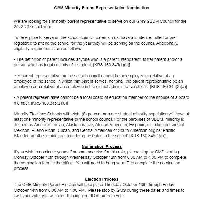 GMS Minority SBDM Representative Nomination and Election Information