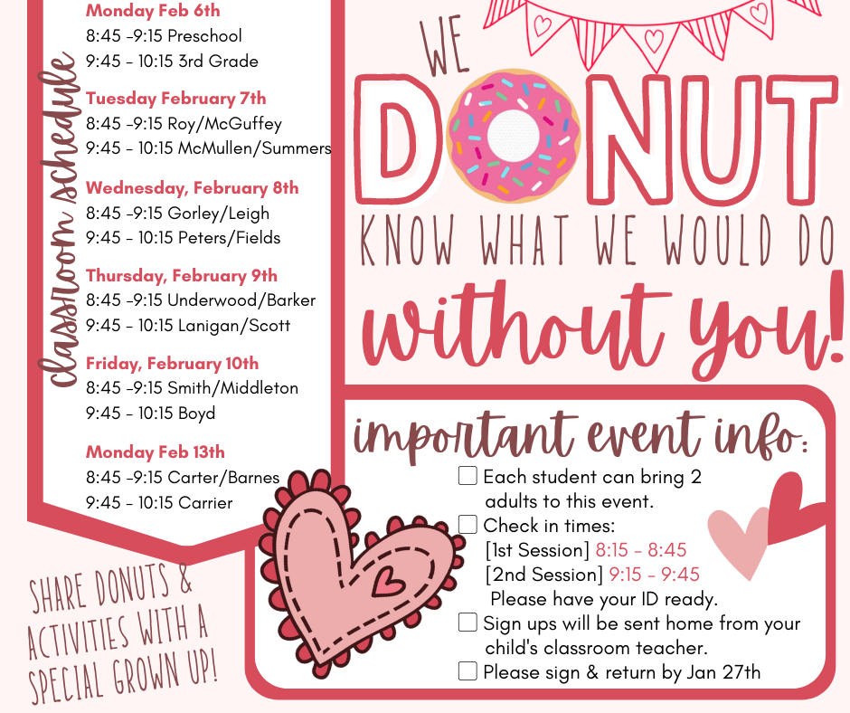 We DONUT know what we would do without you!  Donuts & activities with our Bobcat families the week of February 6th - 10th and Monday the 13th. 