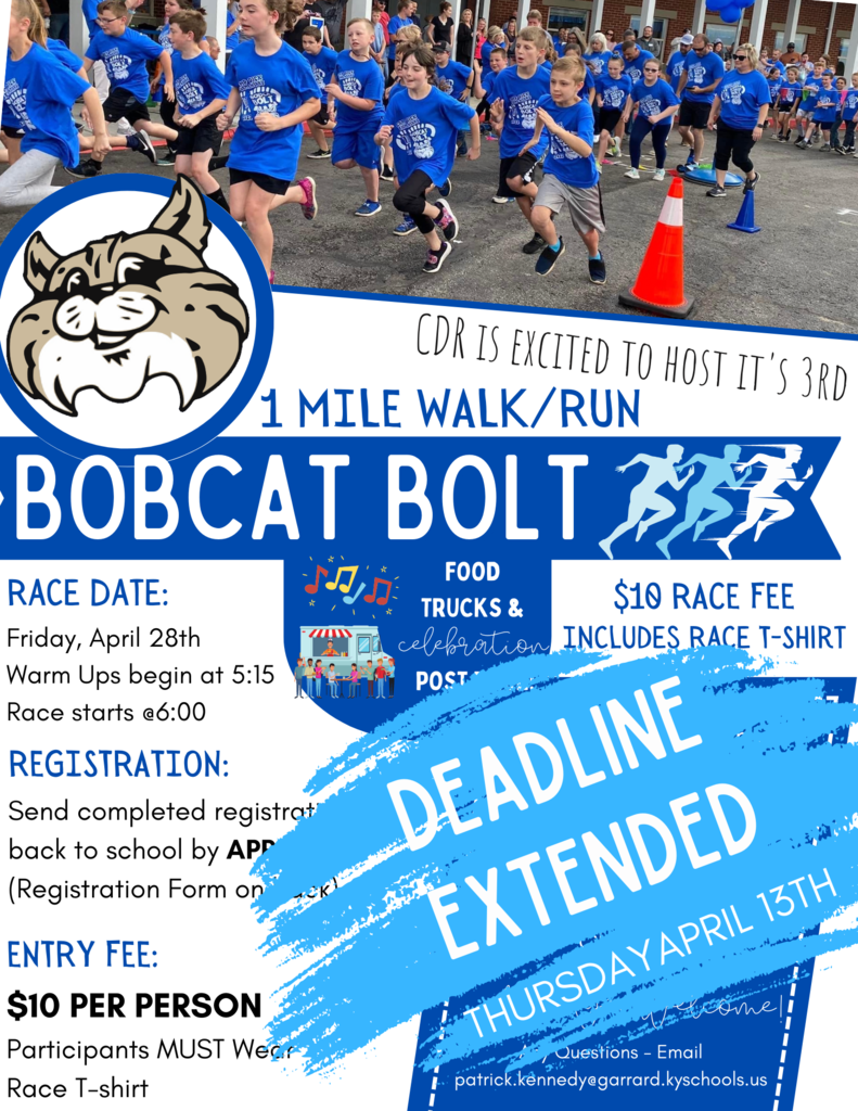 Bobcat Bolt Registration deadline has been extended! CDR will be accepting registration through Thursday April 13th